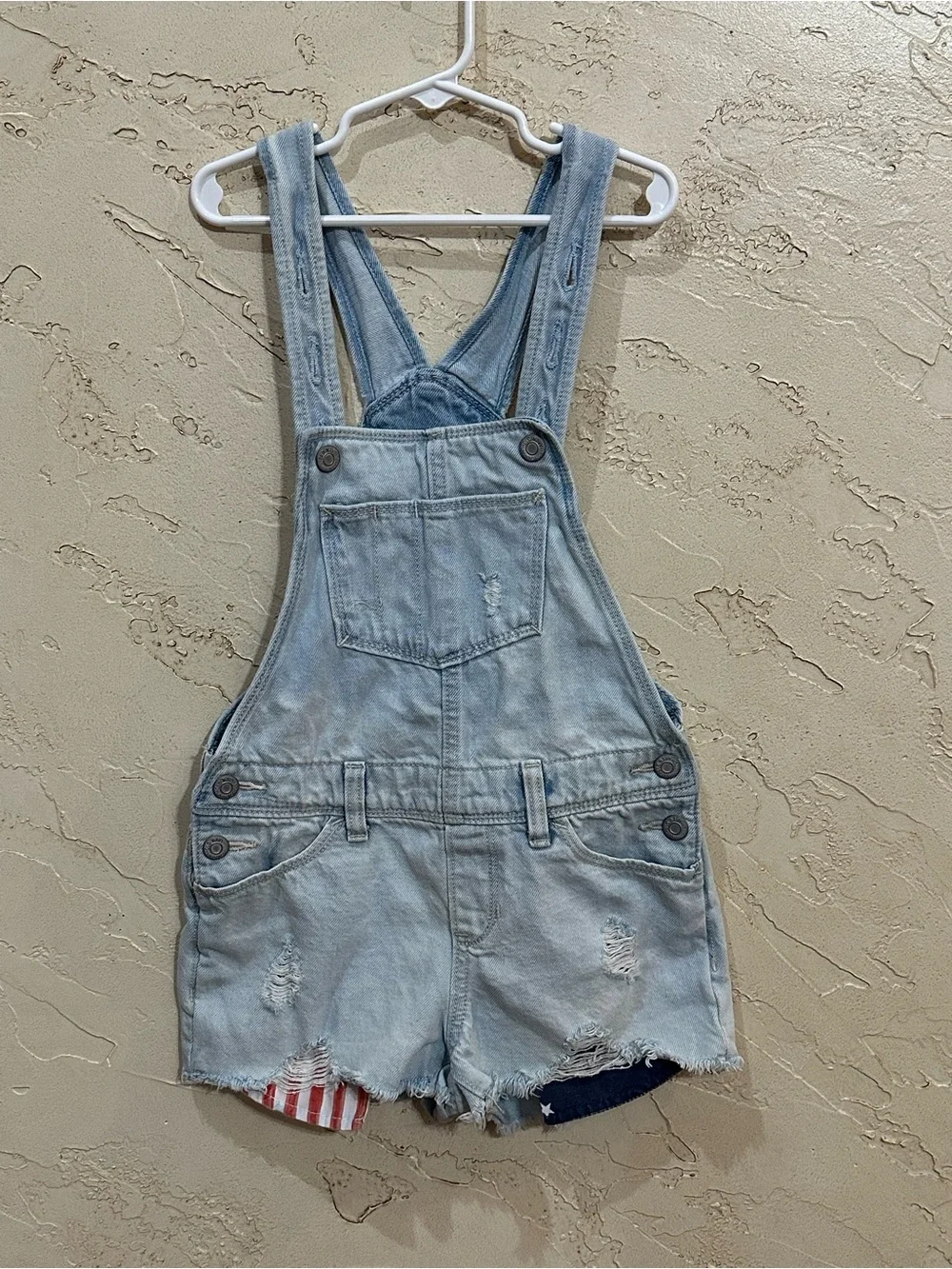 Old Navy Light Wash Distressed Girls Denim Short Overalls Patriotic Pockets Sz M